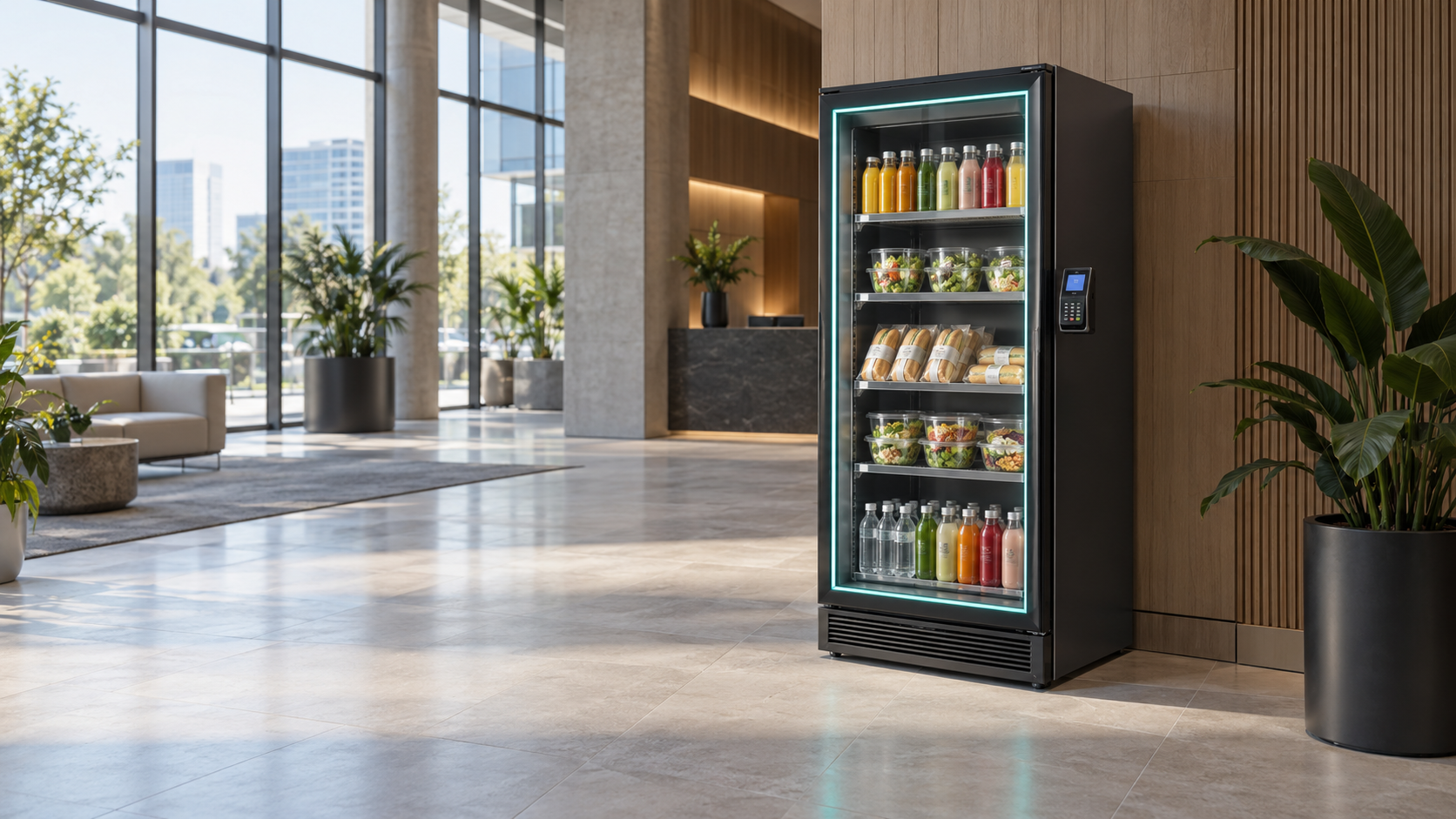 Fotorealistická vizualizace samoobslužné lednice FreshPass v moderním lobby